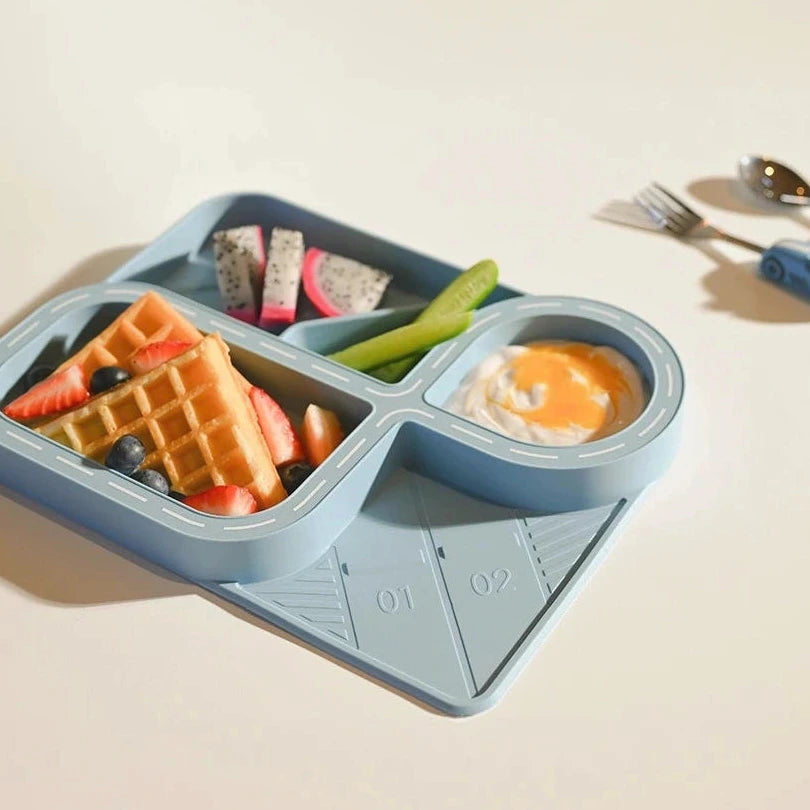 Children's Divided Plate & Placemat - Powder Blue Racetrack