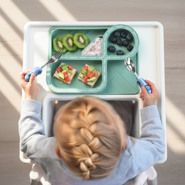 Child sitting in their highchair with zooli racetrack plate filled with fruits and yogurt