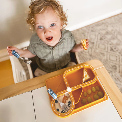 Child at kids table with a silicone segmented plate with grapes and toastie