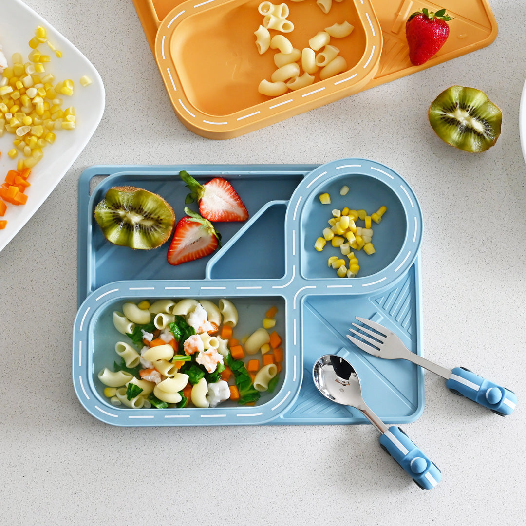 Children's Divided Plate & Placemat - Powder Blue Racetrack